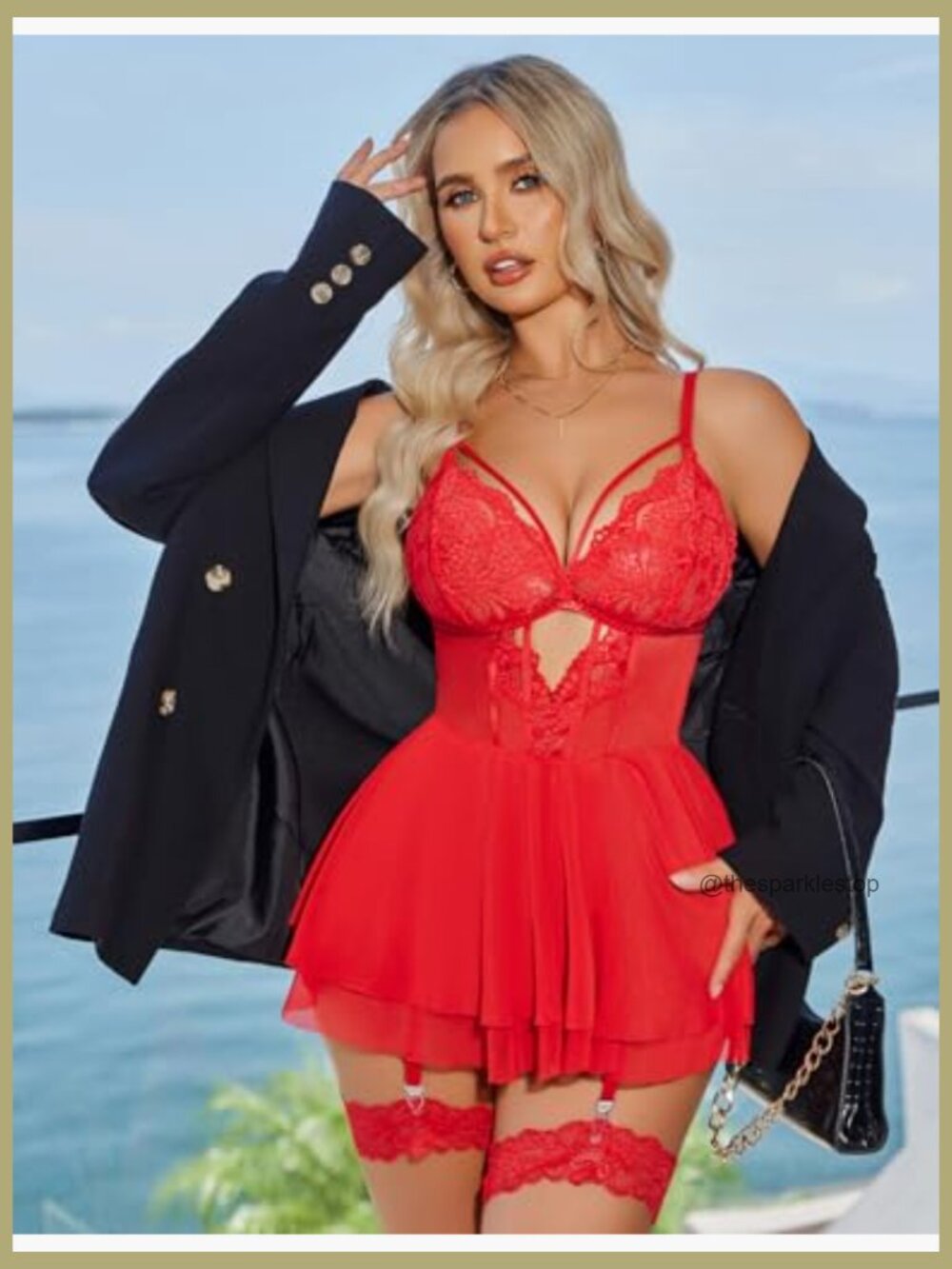 Lace Babydoll Chemise with Garter Belt, 90% Nylon 10% Spandex - Picture 4 of 7